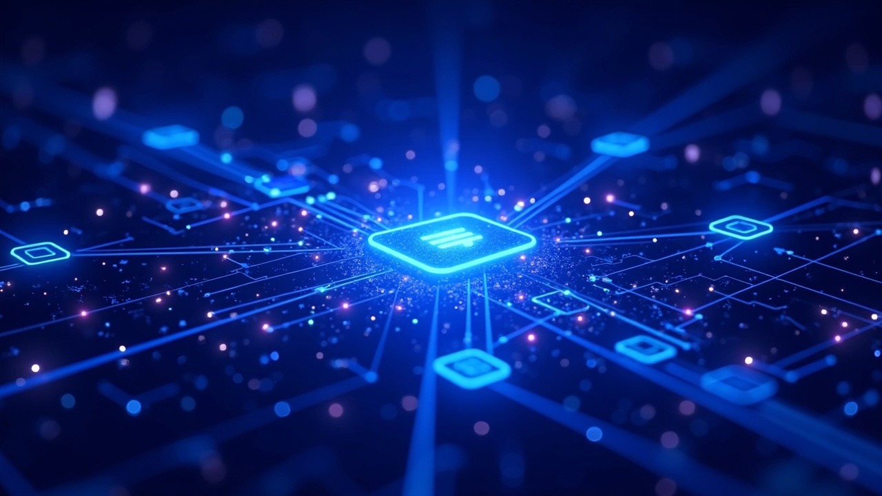 Neon crypto illustration of a collapsed proxy network dissolving into traceable blockchain flows with blue-cyan-purple light.