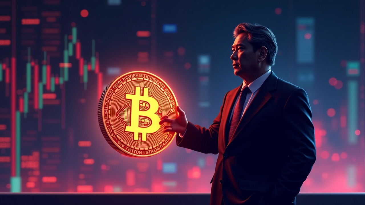 Neon illustration of a Solana-style meme coin crashing, with a stern Japanese official silhouette and market graphs.