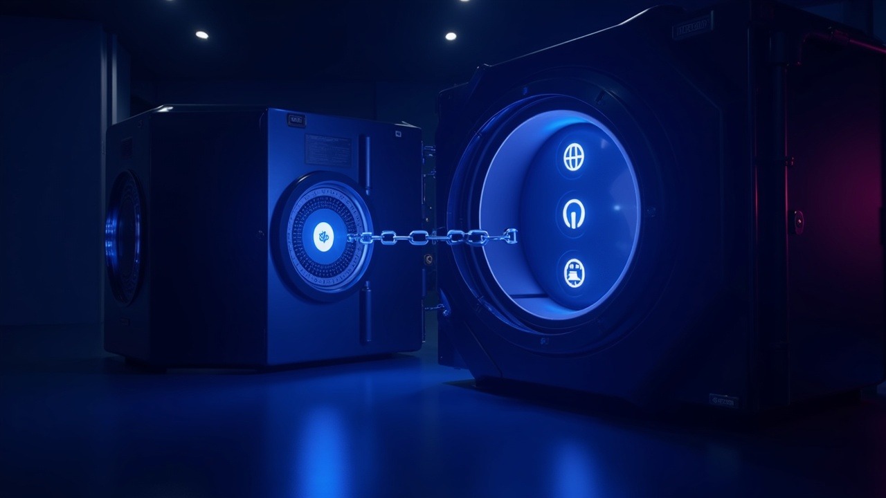 Neon-lit government crypto vault transferring seized assets to a private insured custodian, blue and purple hues.