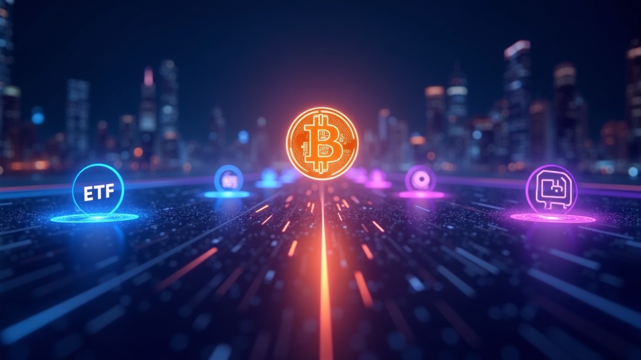 Futuristic illustration of glowing Bitcoin at center with neon data streams flowing into ETF icons against a sleek skyline.