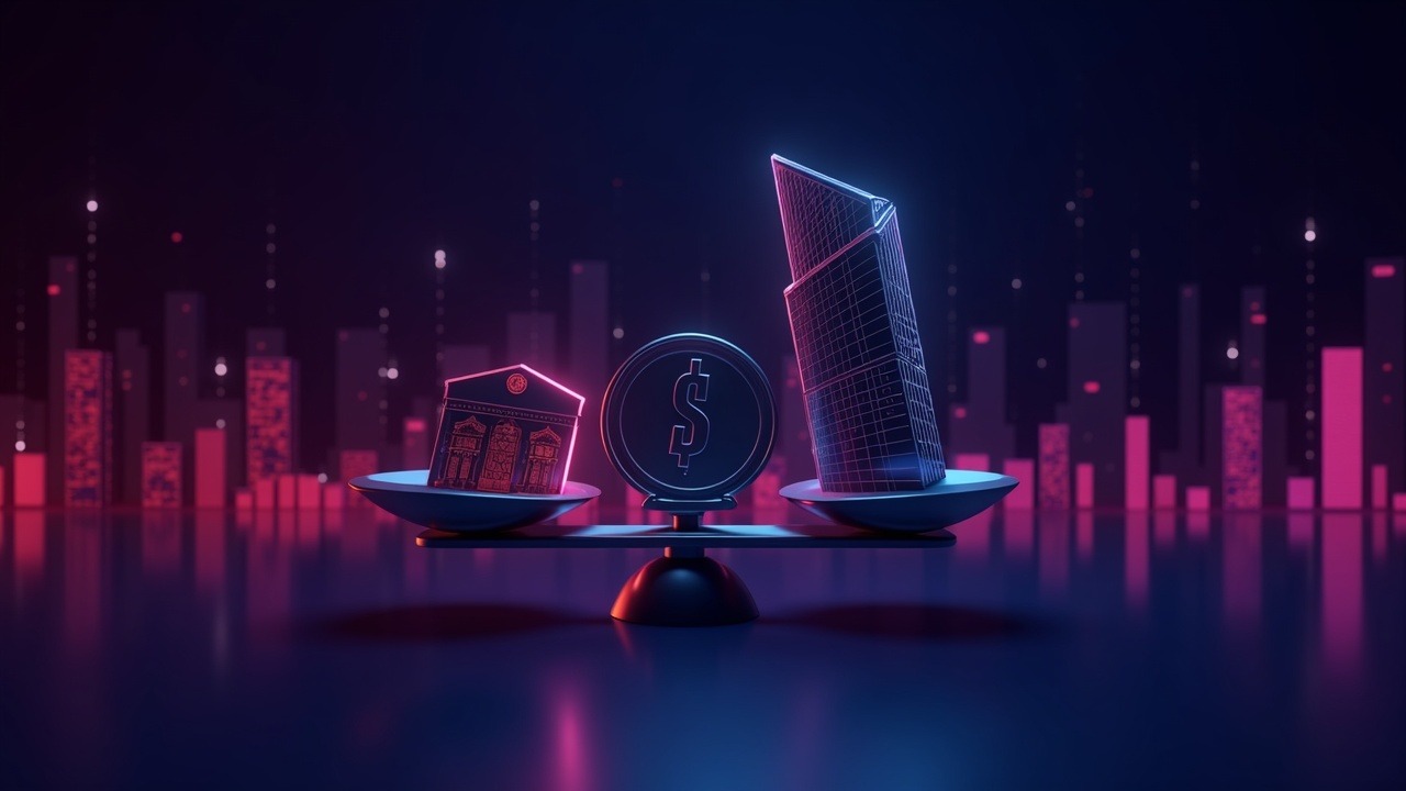 Neon illustration of a stablecoin vs bank tower on a balance scale, symbolizing regulatory deadlock in a cityscape.