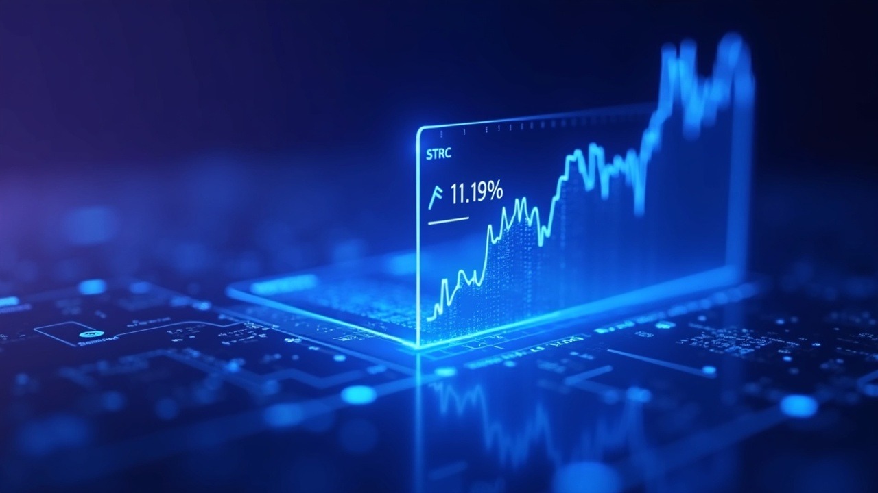 Holographic crypto chart shows STRC at 11.50% with Bitcoin drawdown, neon blue-pink glow.