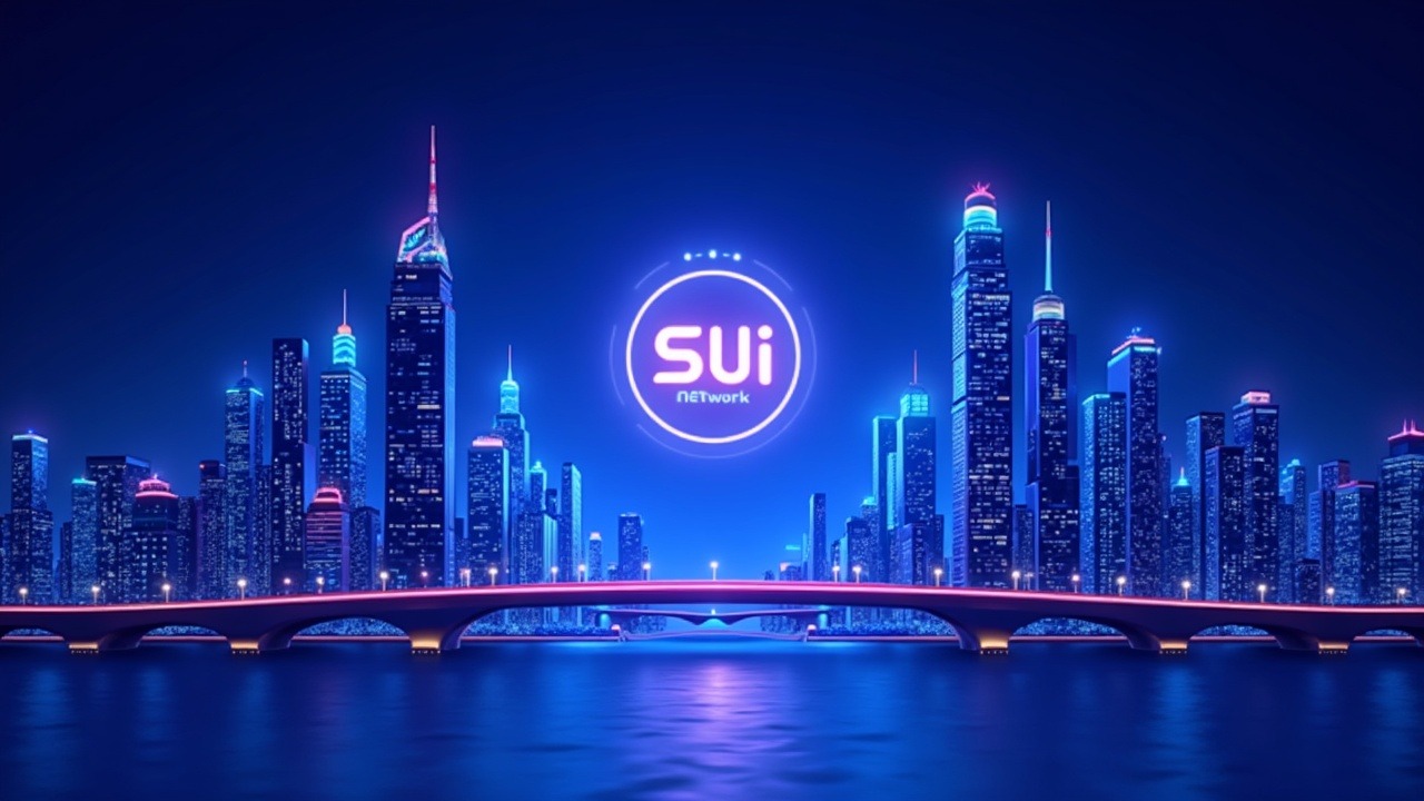 Neon illustration: Sui network bridges traditional finance towers to a glowing SUI emblem with blue-cyan-purple glow