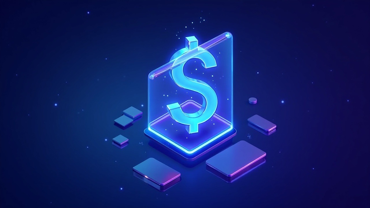 Futuristic crypto illustration of a transparent reserve ledger with the USDT symbol, neon blue and purple glow.