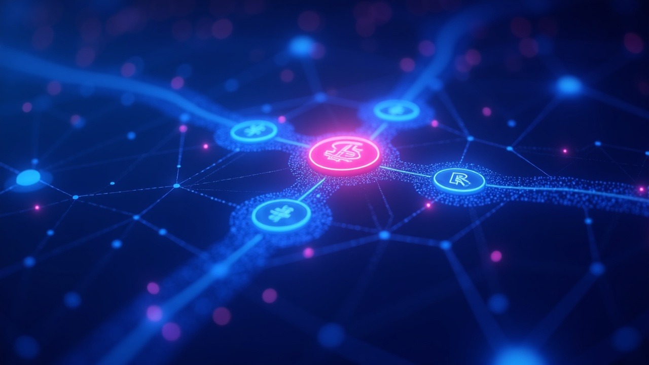 Neon central token splits into securities and non-securities paths in a connected digital network.