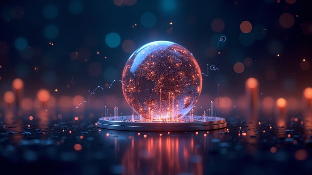 Neon 3D illustration of tokenized oil markets with a glass globe, digital contracts, and liquidation spikes.