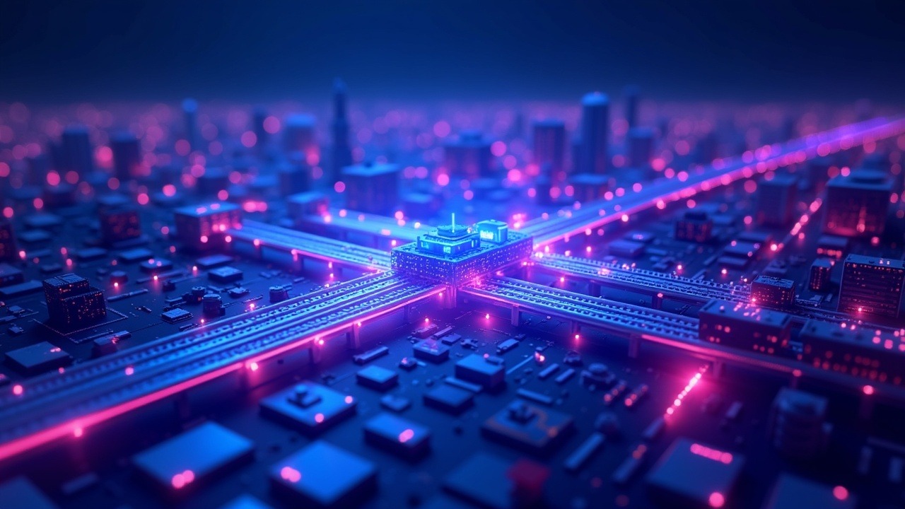 Neon hyperrealistic hub linking traditional banks to 24/7 crypto markets with blue and pink glow