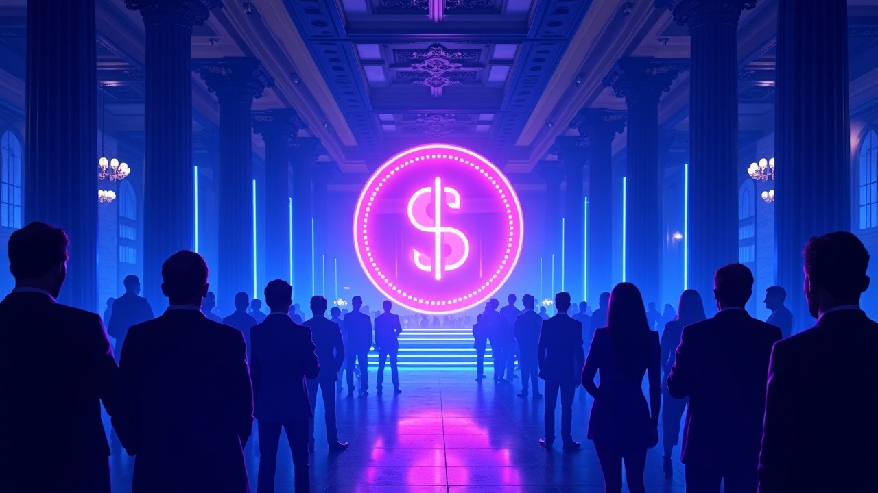 Futuristic crypto gala at Mar-a-Lago for top Trump memecoin holders, neon glow and rising token symbol.