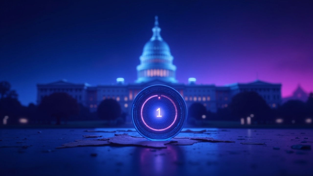 Neon futuristic US Capitol outline behind a glowing crypto coin with a digital liquidity gauge, in blue and purple hues.
