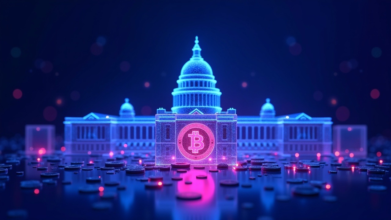 Neon illustration of a parliament building with crypto coins dissolving into blocks, shielded by blockchain chains in blue and purple.