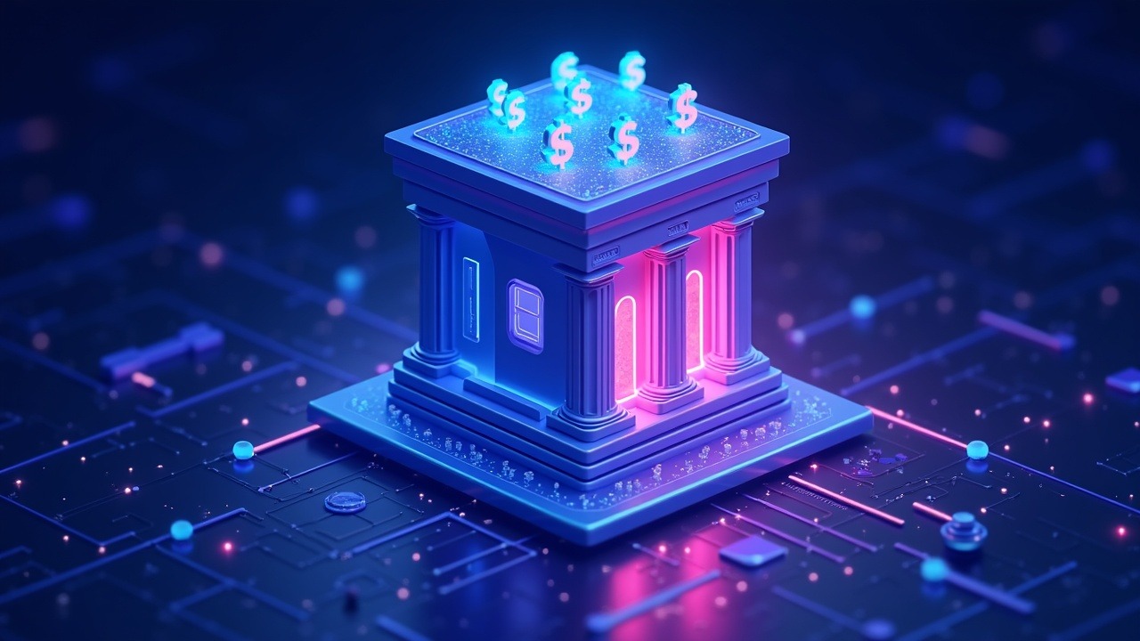 Neon bank facade morphs into dollar-backed tokens on a blockchain ledger with custody vaults