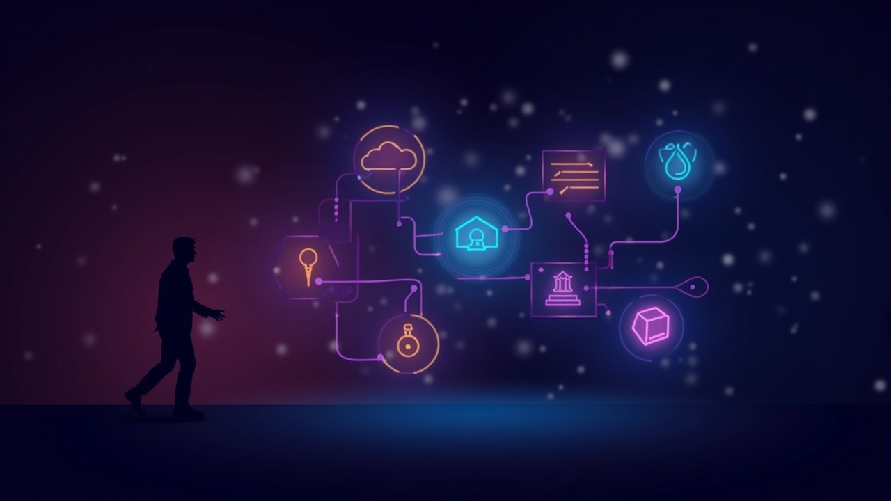 Neon-lit illustration: departing risk manager silhouette with dashboards and governance icons on a DeFi protocol.