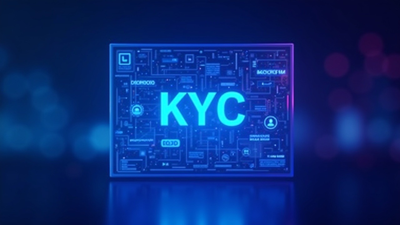 Neon-lit crypto scene with a photorealistic deepfake breaching a holographic KYC panel