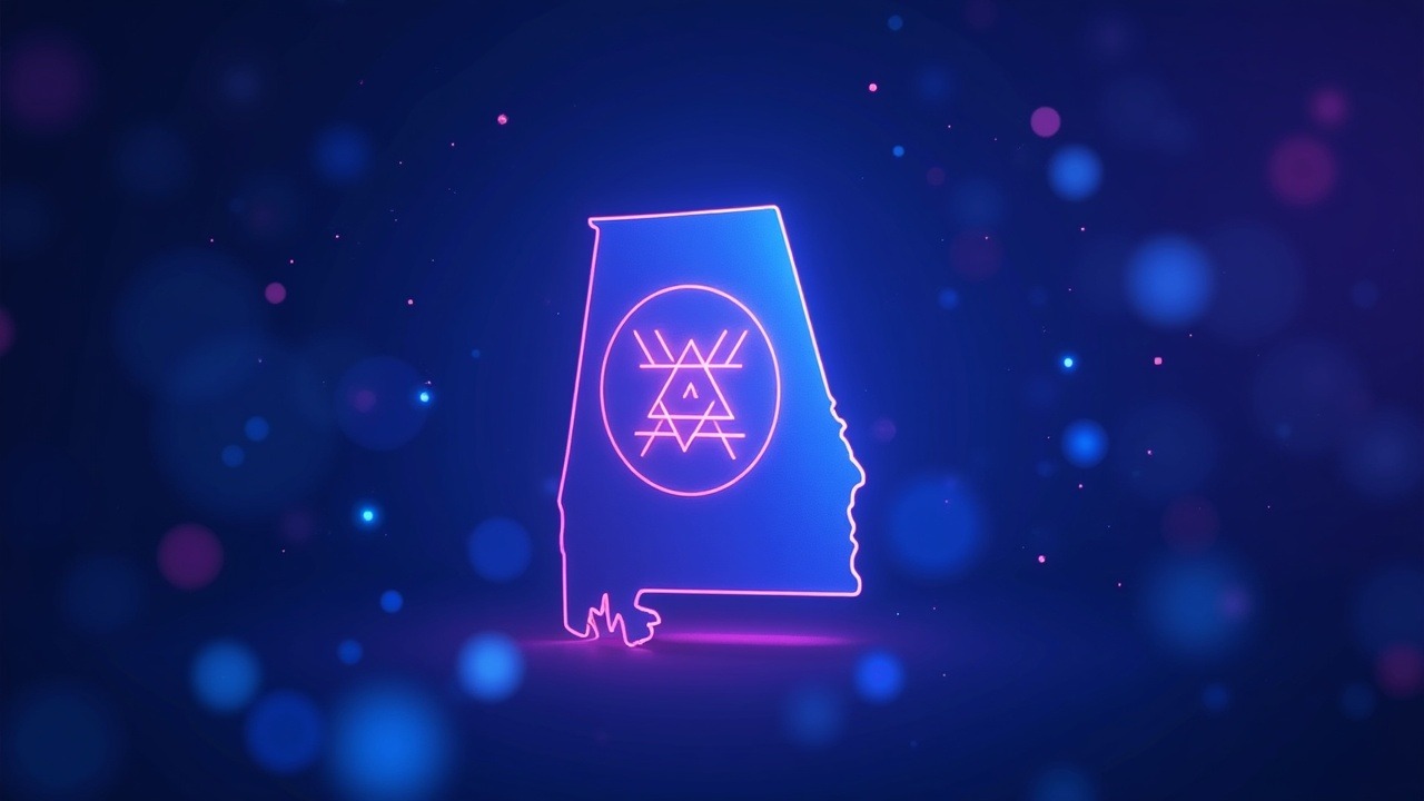 Neon-lit illustration of Alabama with a DAO glyph and a DUNA document symbolizing legal recognition.