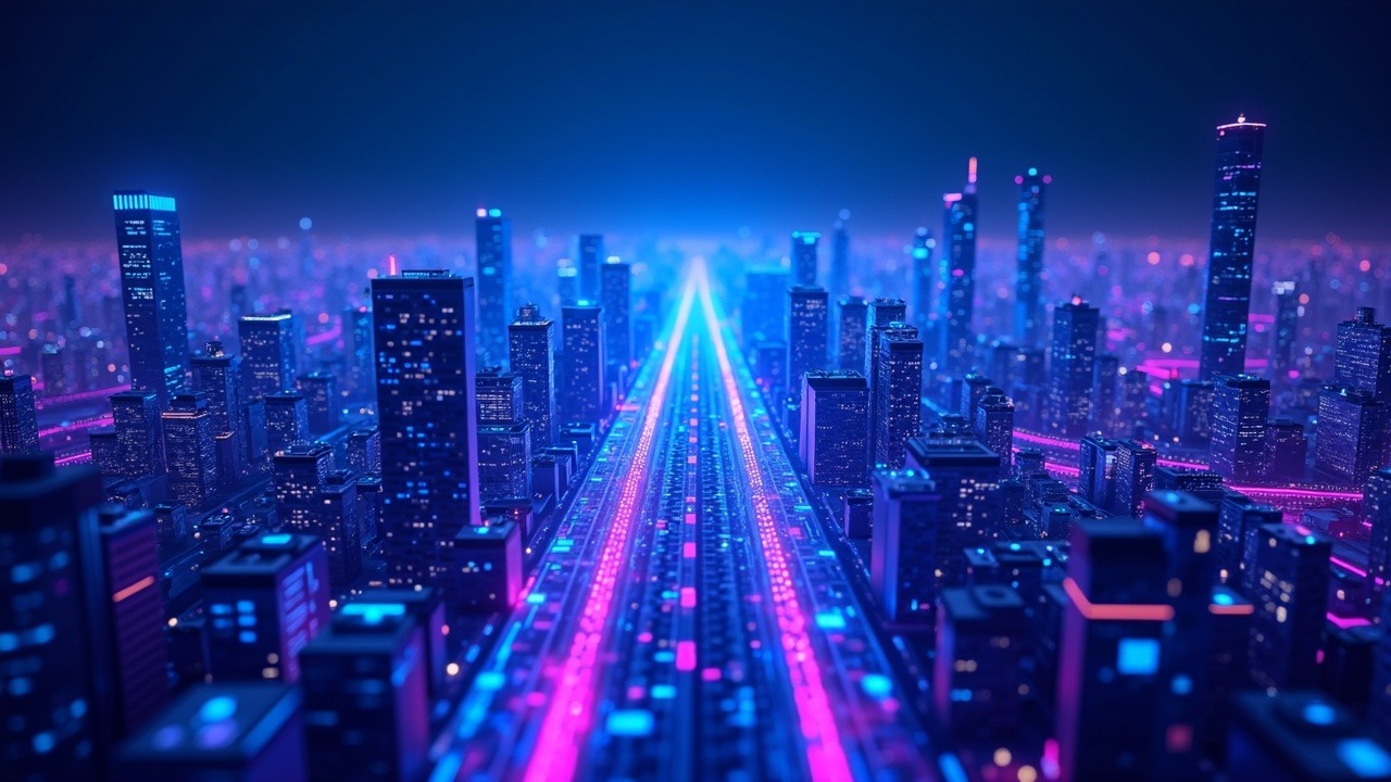Neon-lit crypto city with real-time AML monitoring streams over distributed ledgers in blue, cyan, purple and pink.