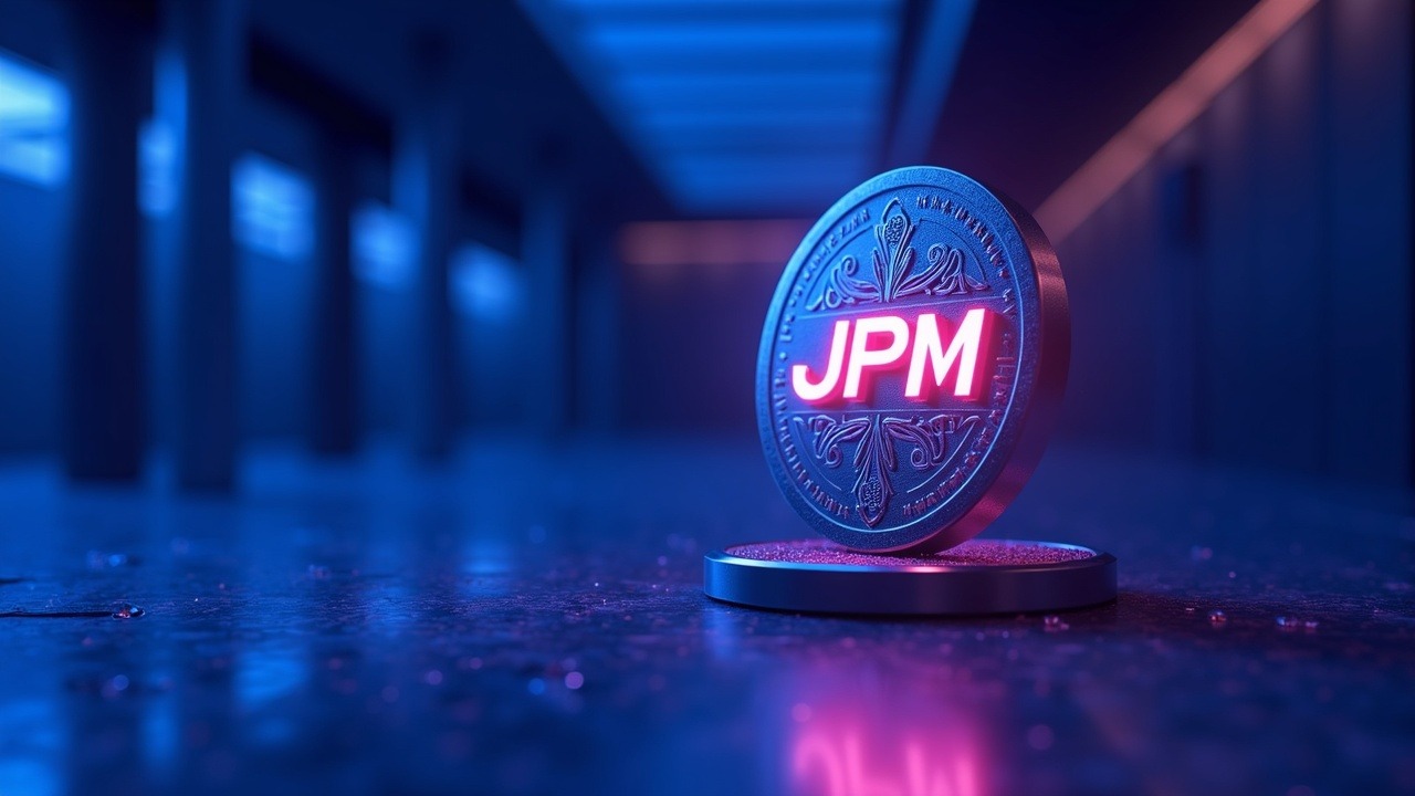 Futuristic bank lobby with a glowing JPM Coin token on the Onyx ledger, neon blue and purple lighting, Argentina