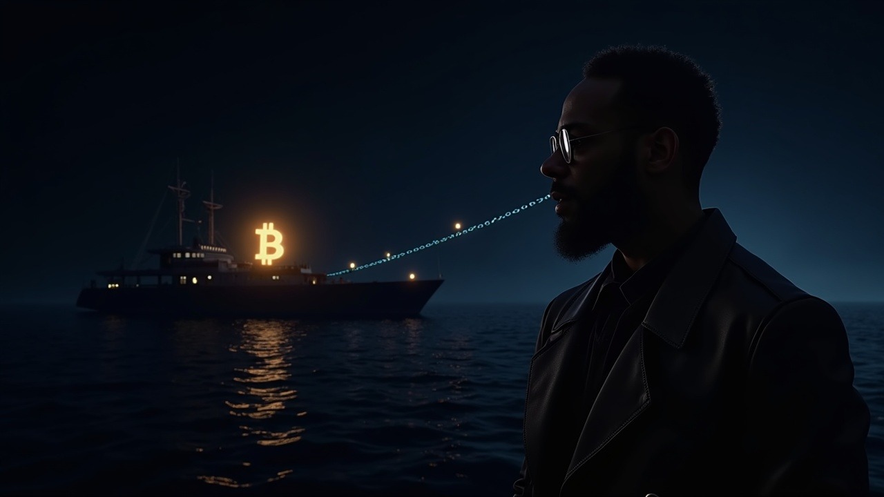 Silhouette of Arthur Hayes with a glowing Bitcoin emblem connected to a ship toll by a neon chain over a dark data sea.