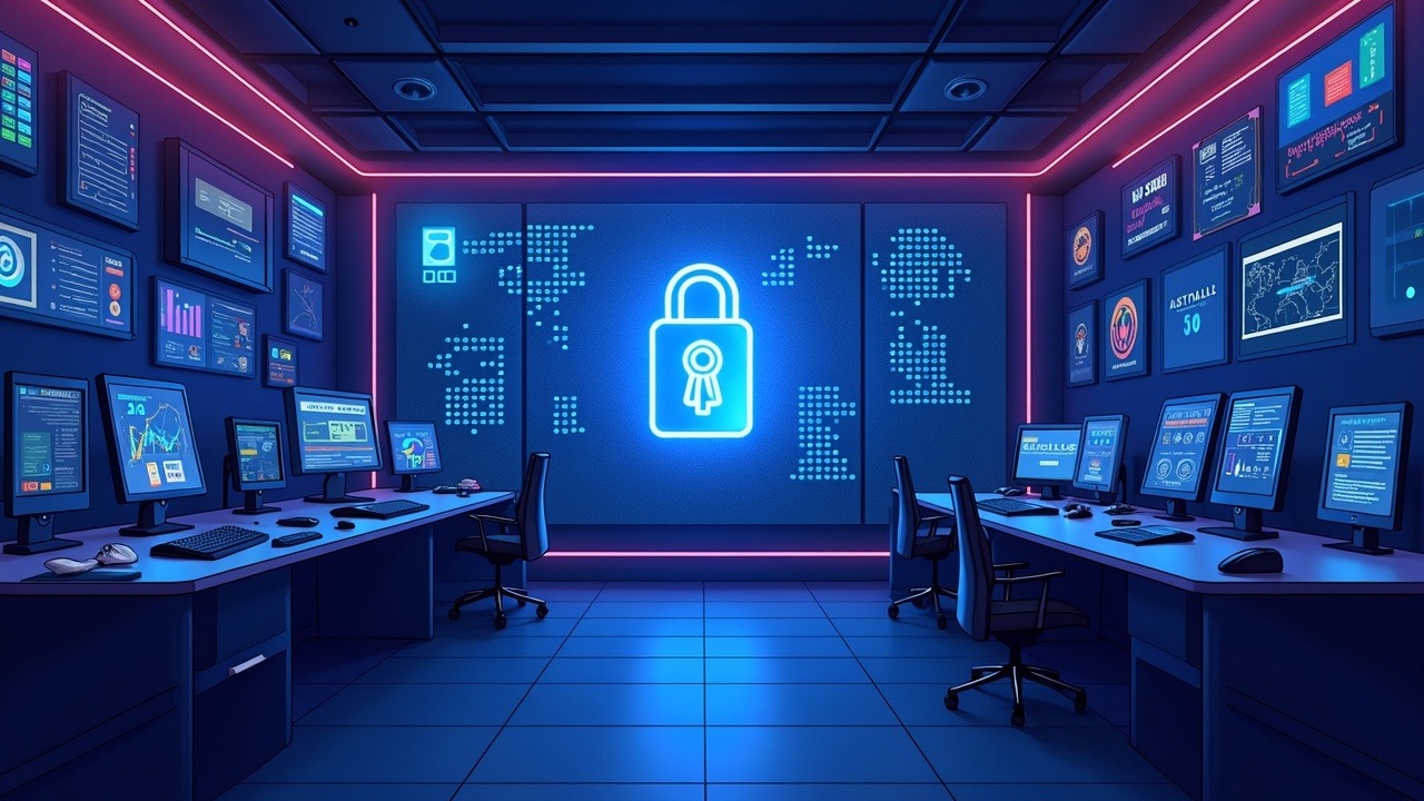 Neon-lit control room in Australia with ASIC and AFSL documents, illustrating crypto regulation, custody, and governance.