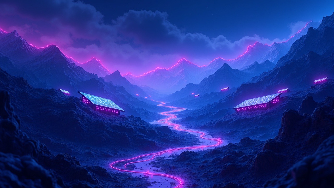 Futuristic crypto mining valley with glowing neon rigs, solar and hydrogen energy, and a state regulator emblem.