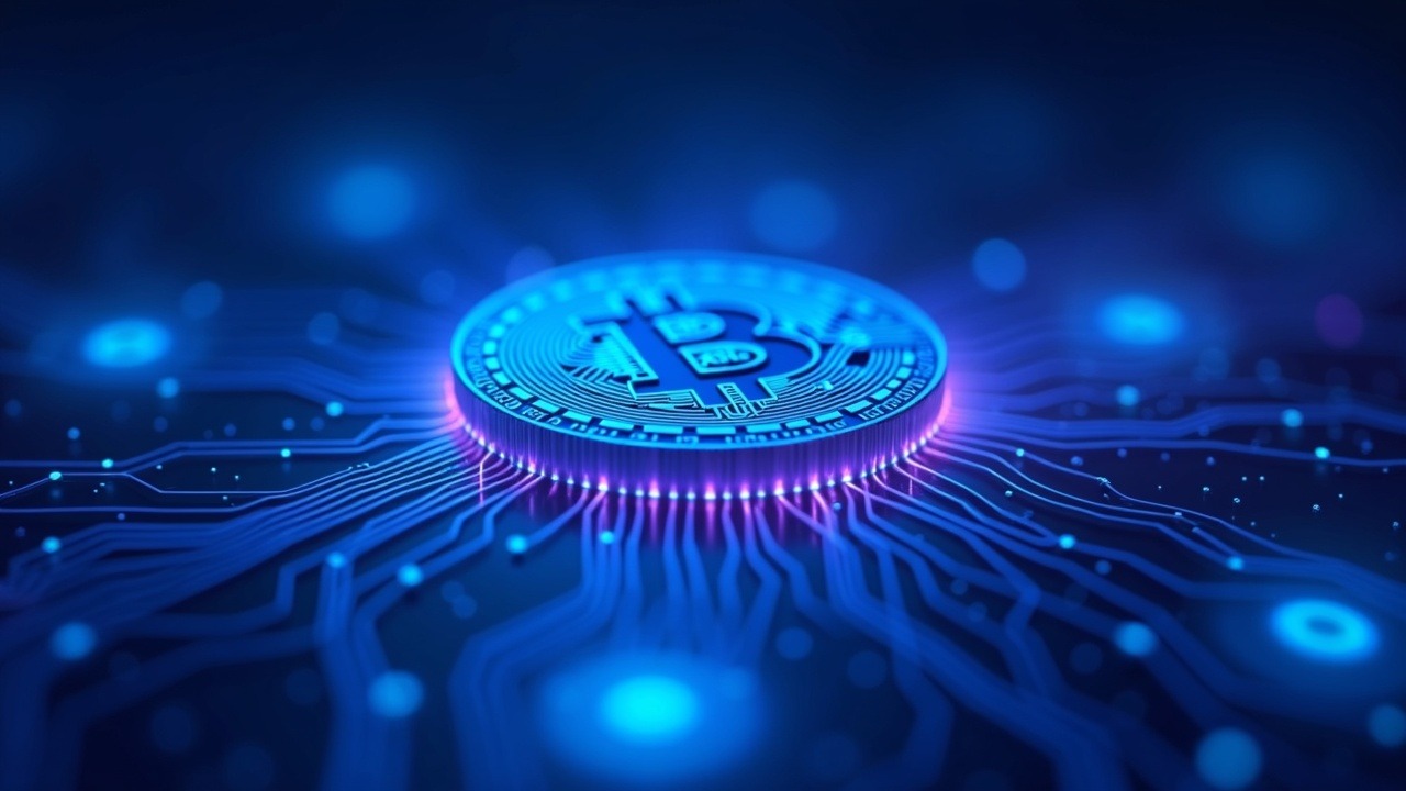 Neon illustration of a Bitcoin coin at center with glowing inflows converging, blue-purple glow.
