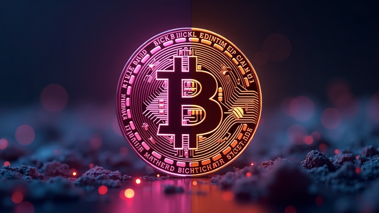 Neon split-illustration with a central Bitcoin emblem, showing ETF inflows on one side and subdued on-chain demand on the other.