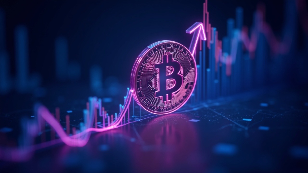 Neon 3D Bitcoin icon squeezed upward by ETF inflows and derivatives pressure, with blue-cyan-pink glow.