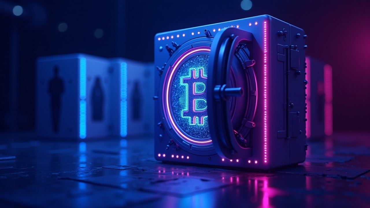 Neon illustration of a large Bitcoin vault symbolizing corporate treasury, with a Michael Saylor silhouette.