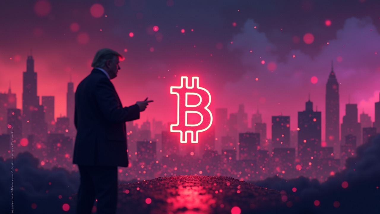 Neon-lit Bitcoin logo falling beside a city skyline with a Trump silhouette signaling strikes amid crypto-market tension.