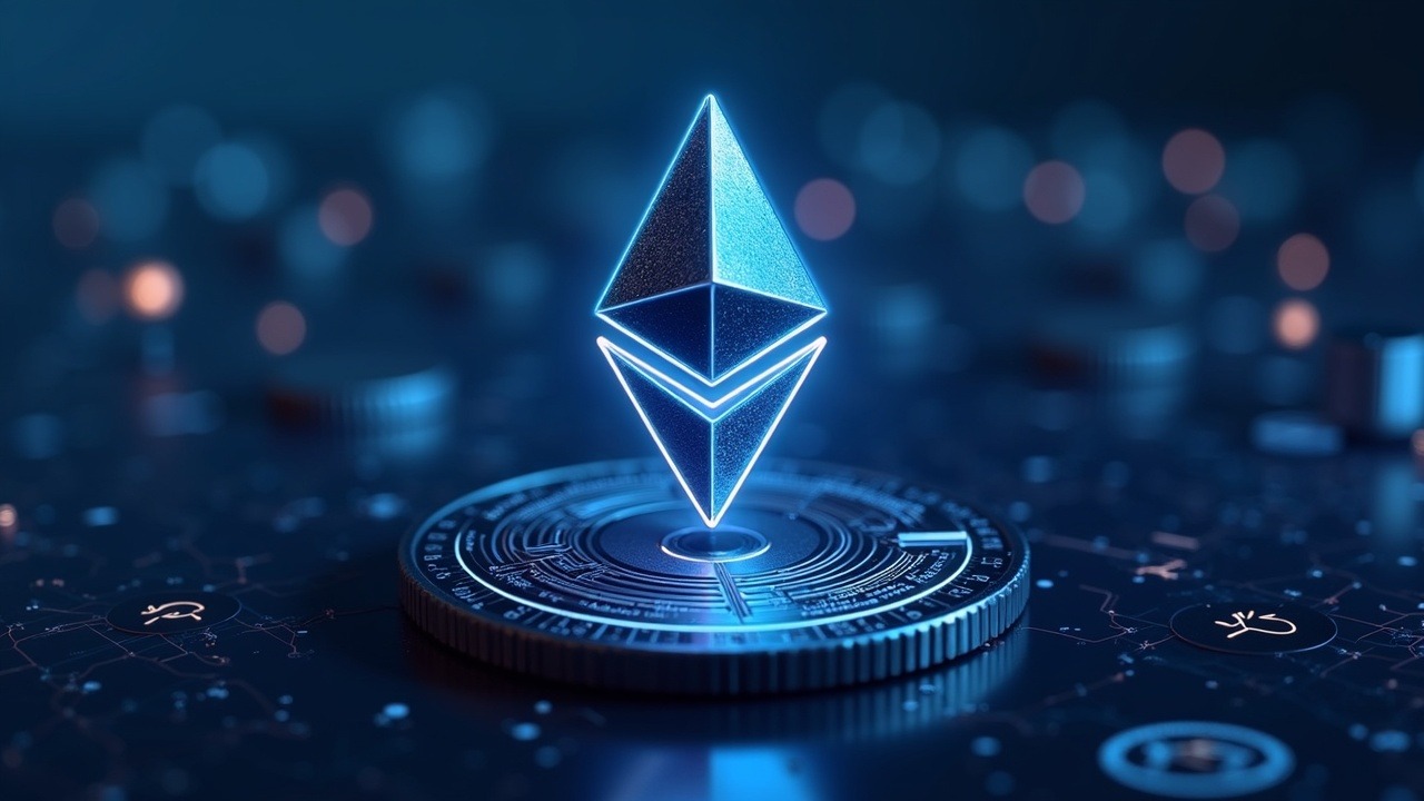 Neon ETH token hoarded by a sleek corporate tower, with a blurred digital network backdrop, futuristic crypto newsroom aesthetic.