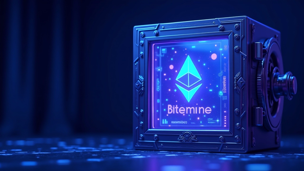 Neon crypto scene: glass vault with Ethereum logos and Bitmine ETH treasury above 4%, with staking data holograms.