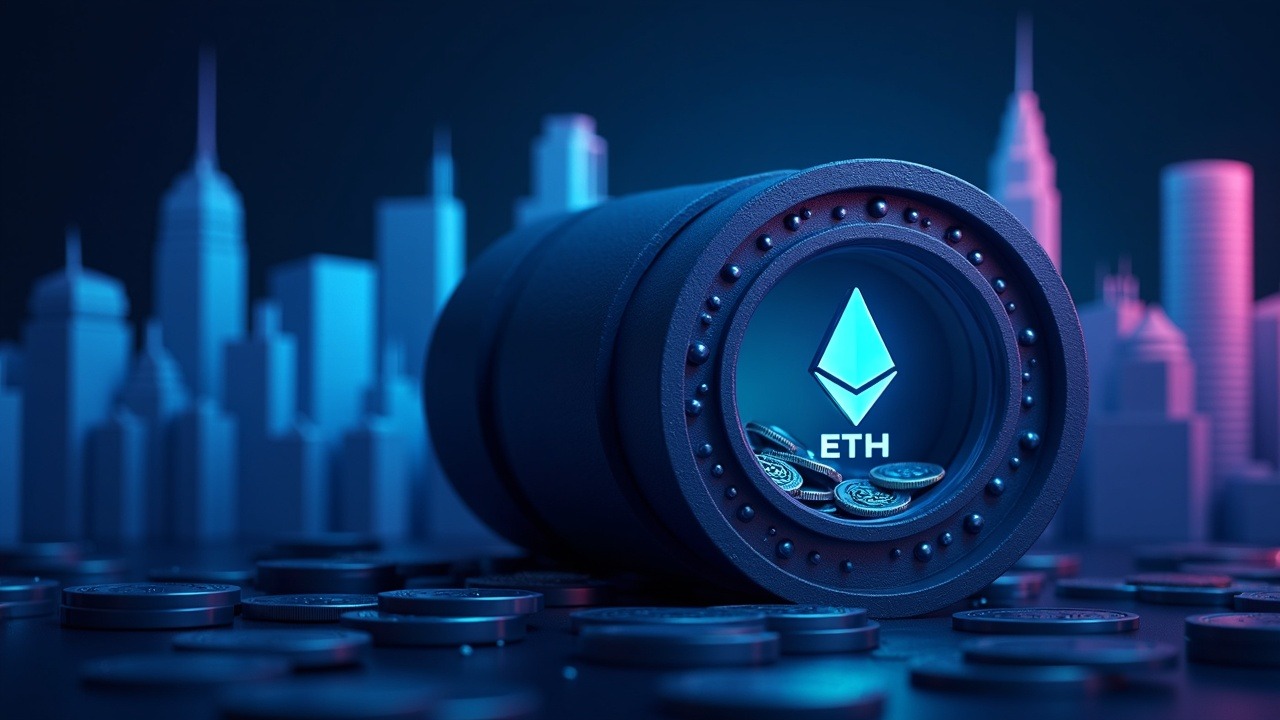 Hyperrealistic vault with 4.8M ETH, ETH logo, NYSE skyline in neon behind Bitmine branding