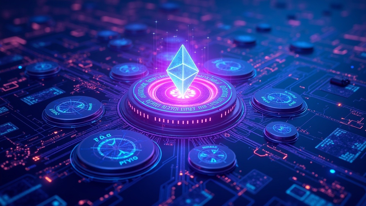 Neon-lit crypto governance crisis: central blockchain hub under pressure as TAO tokens cascade, with holographic dashboards.