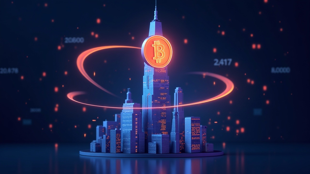 Neon illustration of a Bitcoin coin orbiting a glass skyscraper, depicting institutional ETF inflows near $80k.