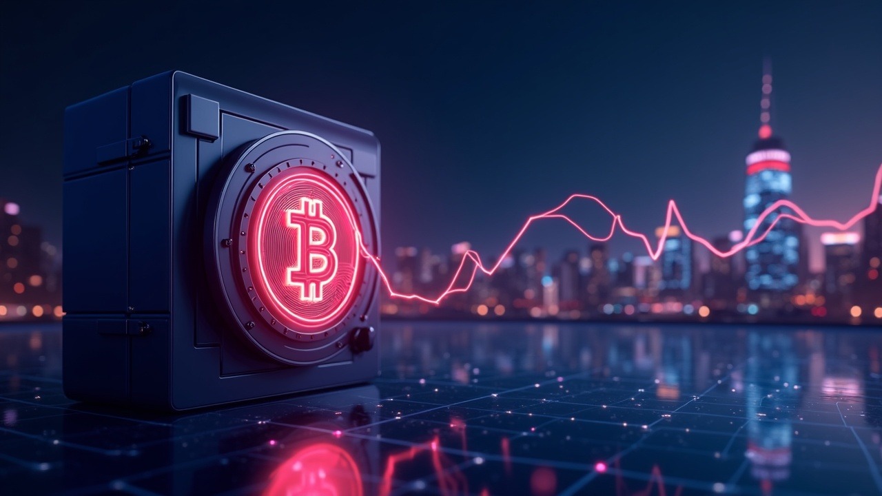 Neon-lit Bitcoin flowing into a secure regulated ETF vault, featuring a central 3D ledger lock and distant city skyline.