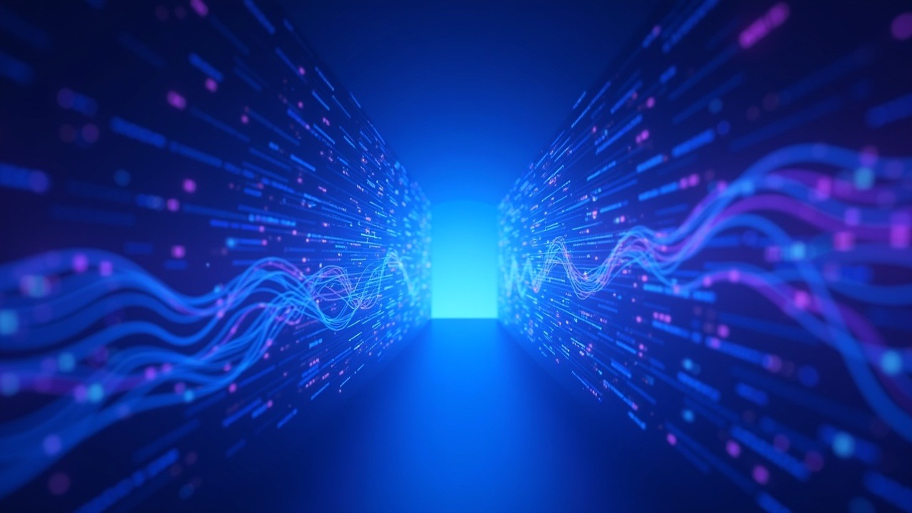 Neon crypto data-stream illustration: on-chain data to a translucent wall with glow, signaling transparency vs privacy.