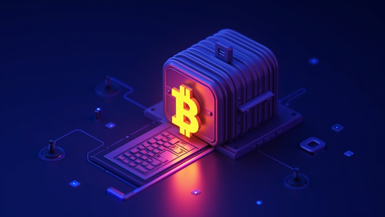 3D illustration of a glowing Bitcoin coin entering a corporate treasury, with neon blue and purple lighting.