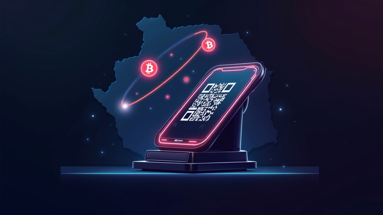 Neon Bybit Pay POS with MoneyBadger, glowing QR, crypto icons orbiting over a South Africa map, showing ZAR settlements