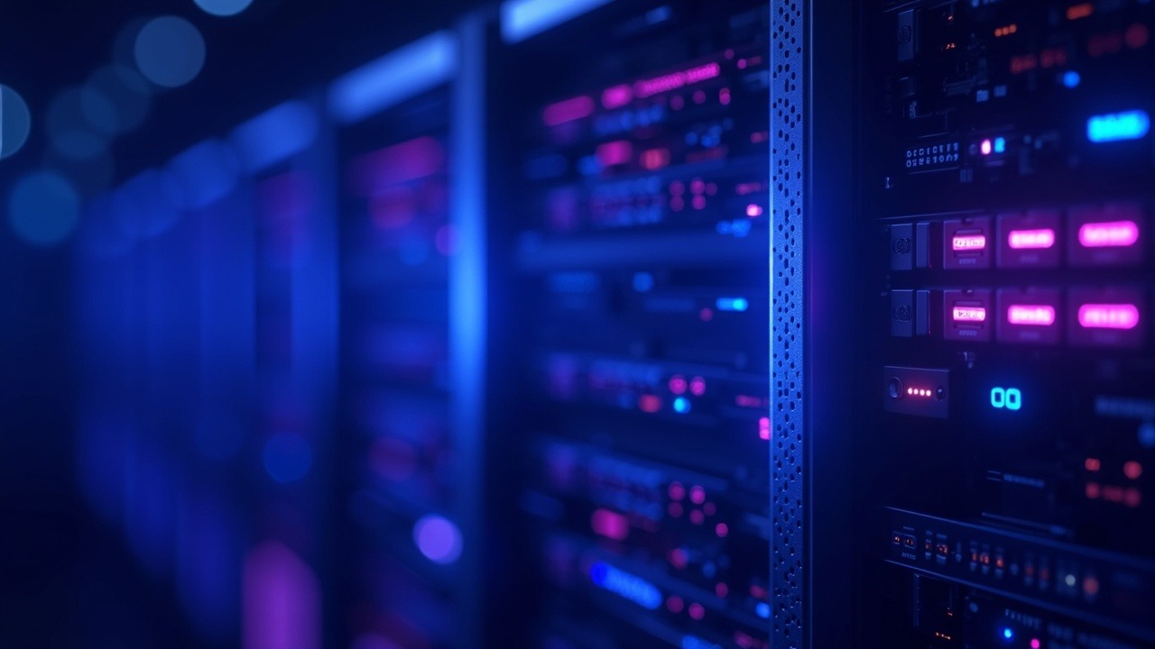 Hyperrealistic BTC mining rigs morphing into AI compute servers with neon blue-pink glow.