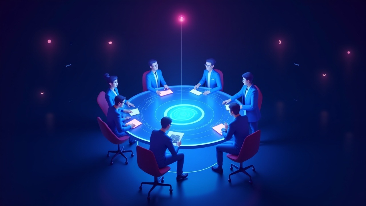 Neon-lit illustration of five experts around a glowing digital asset roadmap on a transparent crypto governance table.