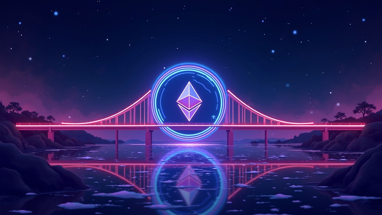 Neon cross-chain USDC bridge linking Solana and Ethereum, centered by Circle shield and scales.