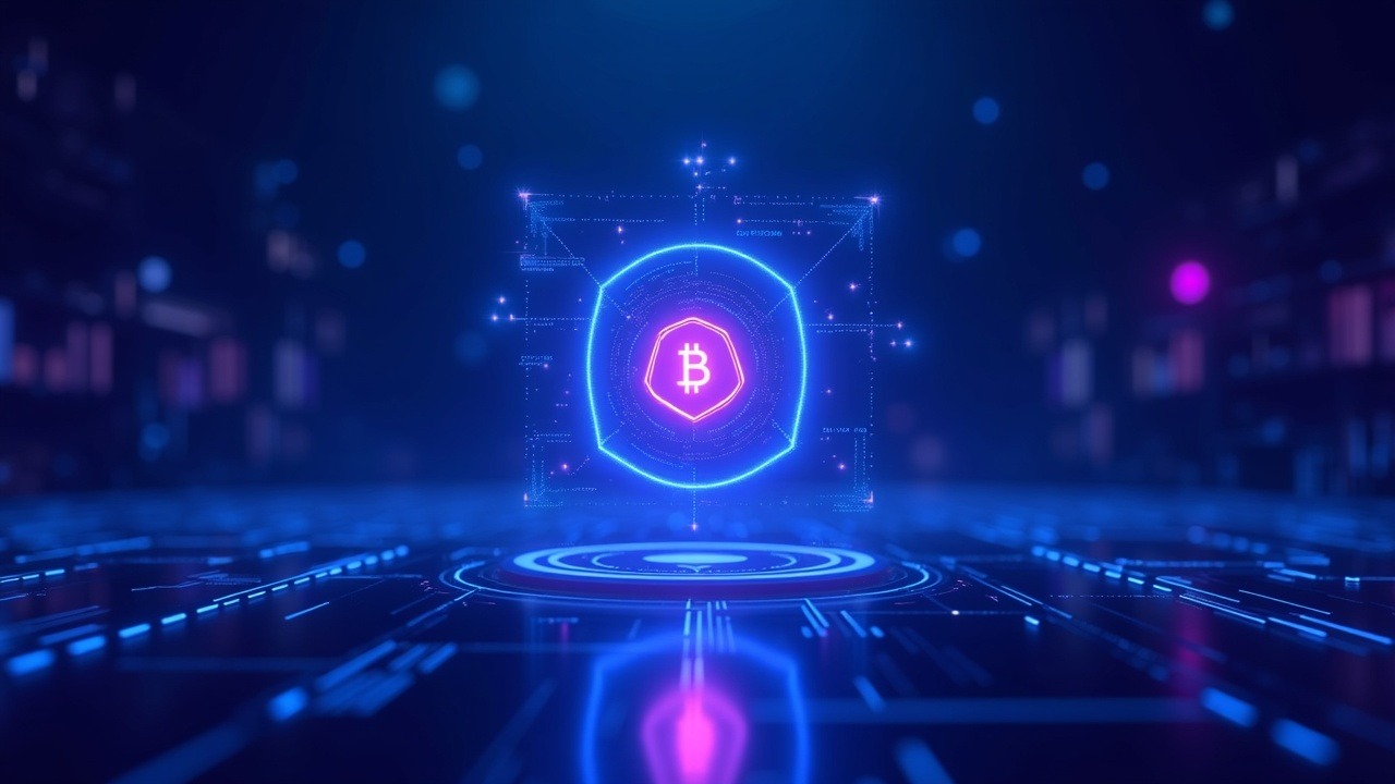 Futuristic senate scene with a central digital asset icon blocked by an ethics barrier, lit in blue-cyan-purple neon.