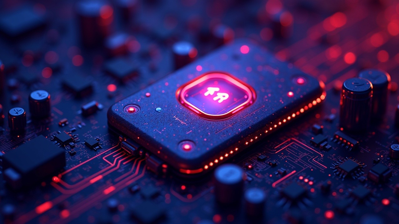 Neon cyber illustration of a counterfeit Ledger device in a Chinese marketplace with data streams to attacker servers