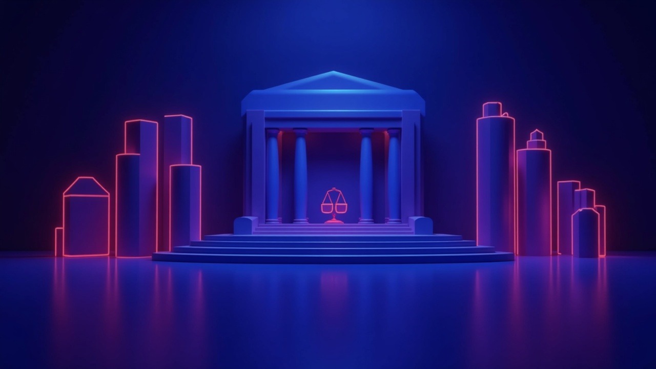 Neon-lit 3D illustration of a courtroom fused with a crypto trading desk, scales of justice glowing blue and pink.