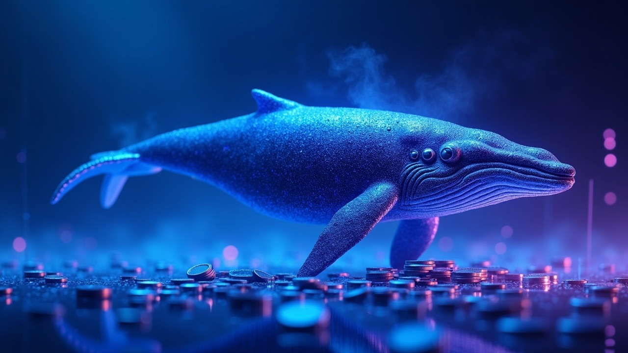 Hyperrealistic crypto header with a giant whale silhouette gripping tokens, overlayed $6B market cap, neon blue and purple glow.