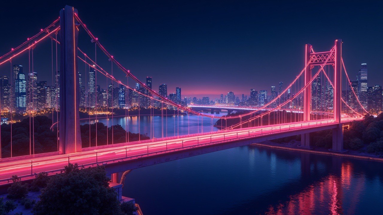 Neon DAO-governed bridge linking tokenized real-world assets (gold, real estate) to crypto with fiat on-ramp glow.