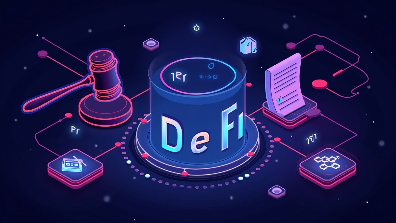 Neon-lit DeFi mixer with connected nodes, a courtroom silhouette, and rising legal documents.