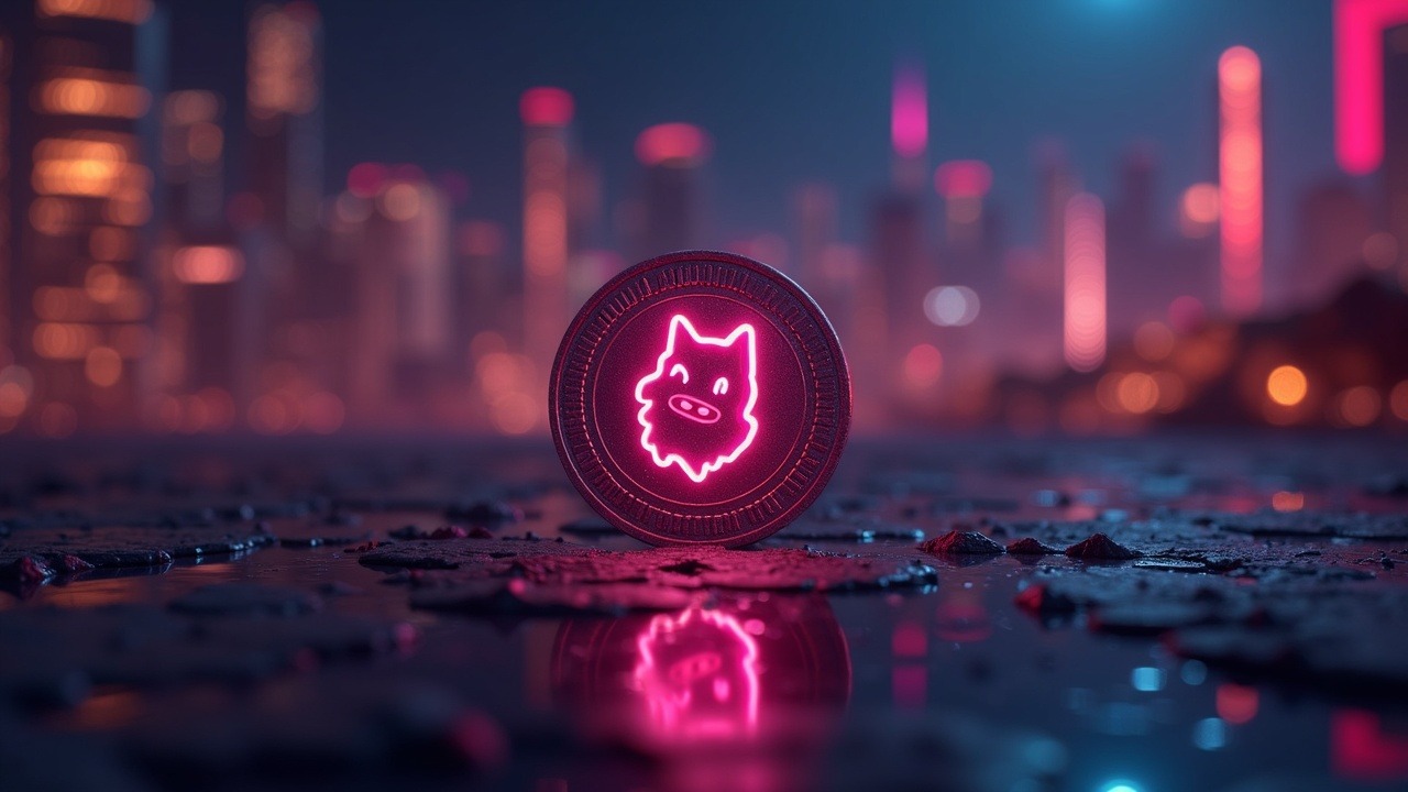 Neon Dogecoin scene showing coin funding dog shelters, vet care and rescue dogs against a futuristic city backdrop and bokeh.