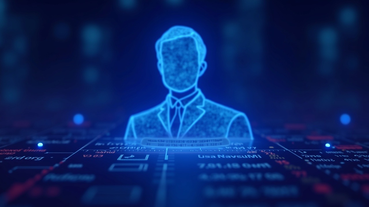 Neon-lit silhouette of a political figure above a digital prediction market board with blue, cyan, and purple glow