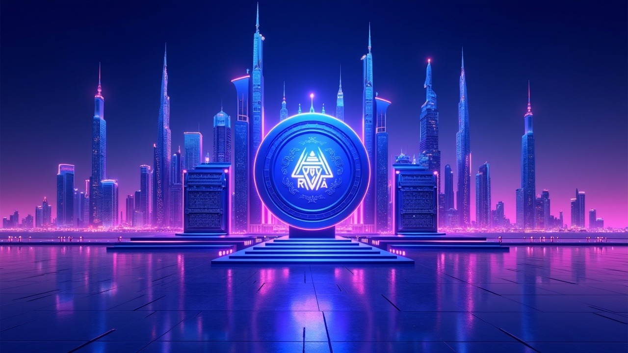 Futuristic Dubai skyline with a central FRVA/ARVA token, reserve vaults, VARA emblem, and three licensing pillars.