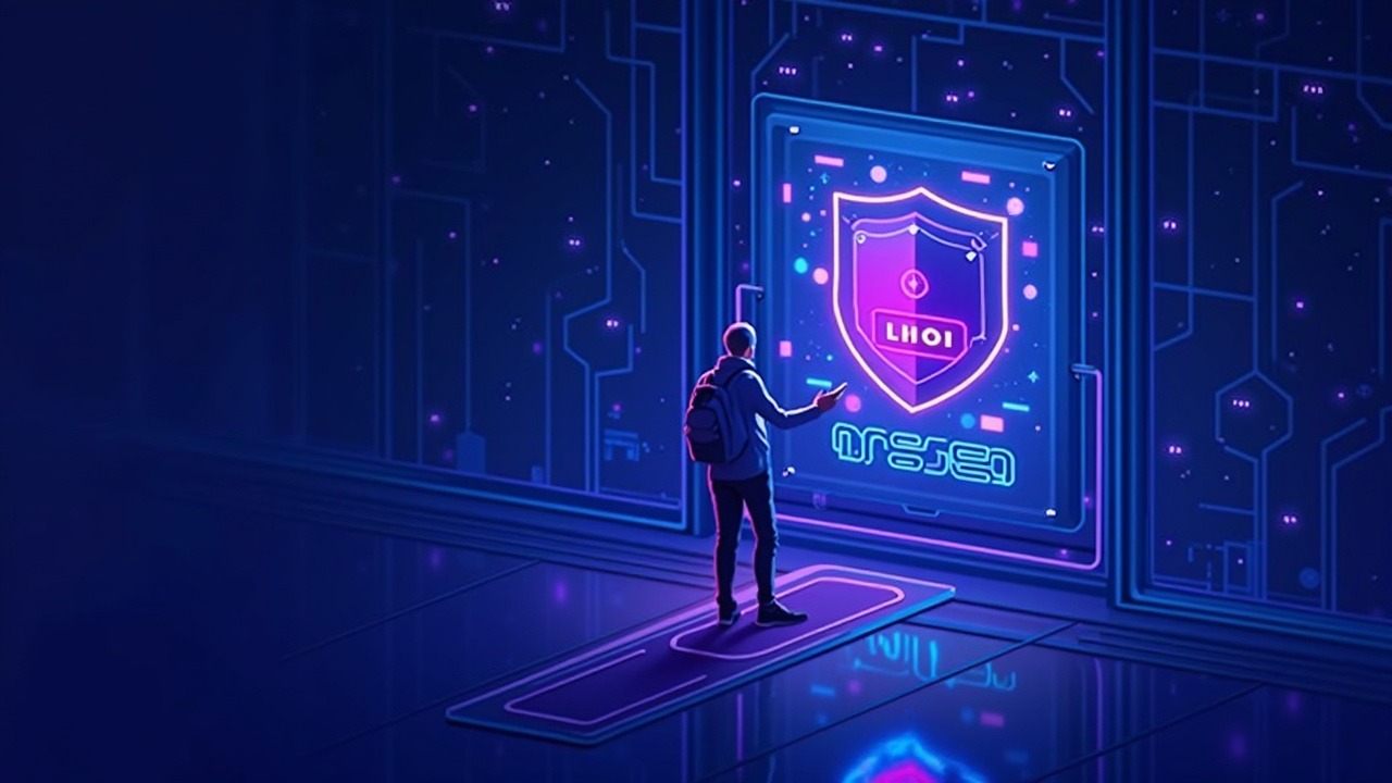 Neon illustration of a domain gateway with a DNSSEC shield, eth.limo locked, glowing operator amid a decentralized network.
